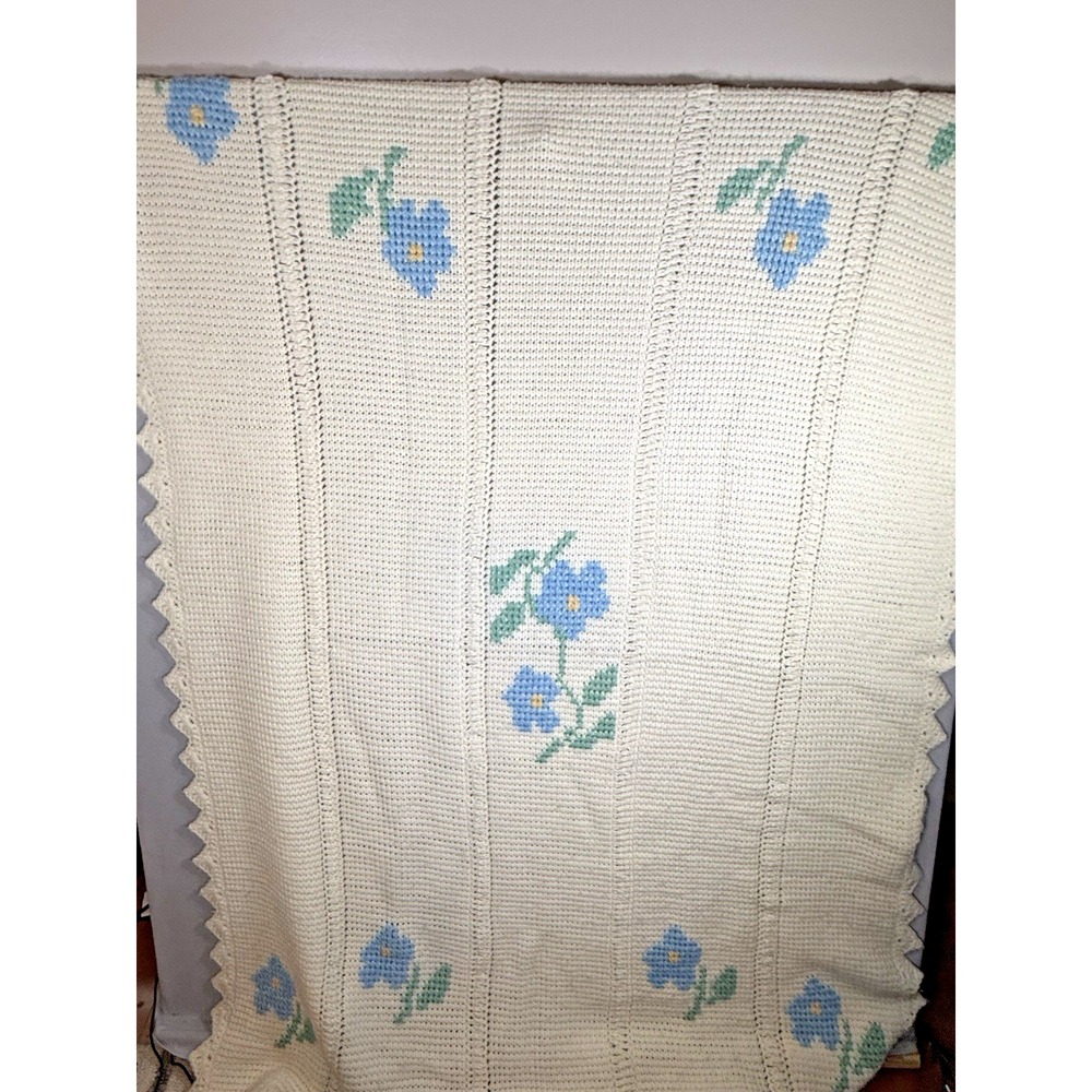 Hand Crochet Afghan Blanket Throw Blue Flowers Cross Stitch Cottagecore 140"x50"